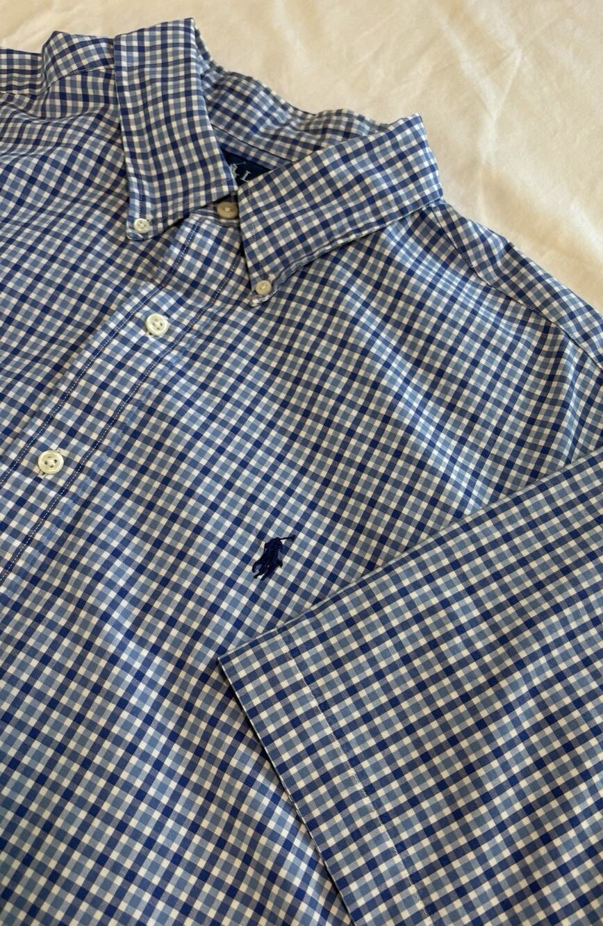 Ralph Lauren Shirt Button Down Blue Plaid Mens Size XL Short Sleeve Classic Fit